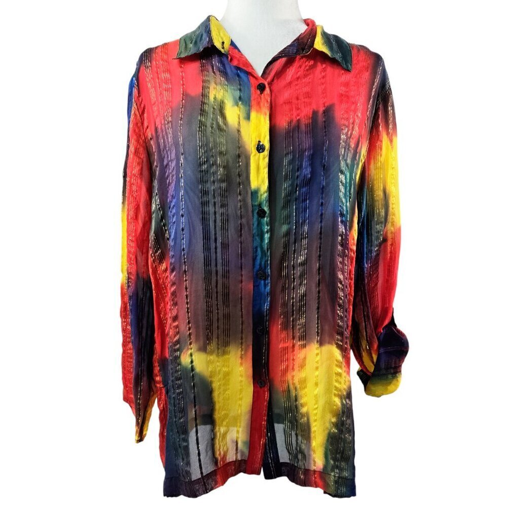 Vintage Chico's Design Silk Metallic Multicolor Tie Dye Effect Roll Tab Shirt